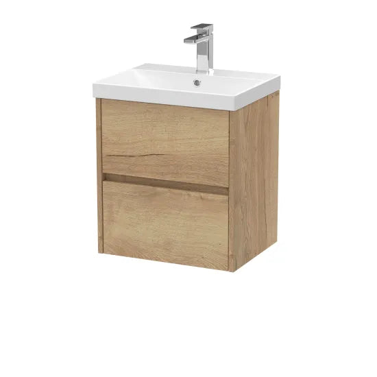 nuie Havana Autumn Oak 2 Drawer Wall Hung Vanity Unit With Thin Edge Basin