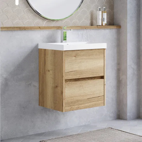 nuie Havana Autumn Oak 2 Drawer Wall Hung Vanity Unit With Thin Edge Basin