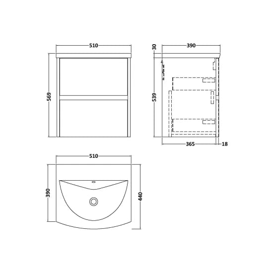nuie Havana 500mm Autumn Oak 2 Drawer Wall Hung Vanity Unit With U-Shaped Curved Basin