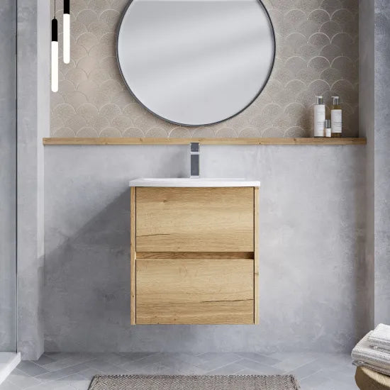 nuie Havana 500mm Autumn Oak 2 Drawer Wall Hung Vanity Unit With U-Shaped Curved Basin