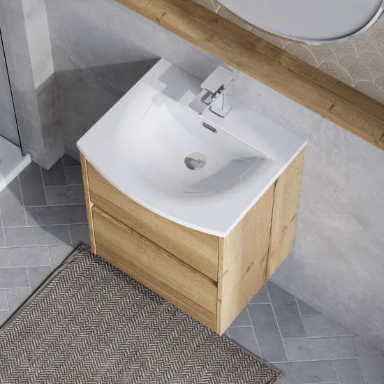nuie Havana 500mm Autumn Oak 2 Drawer Wall Hung Vanity Unit With U-Shaped Curved Basin