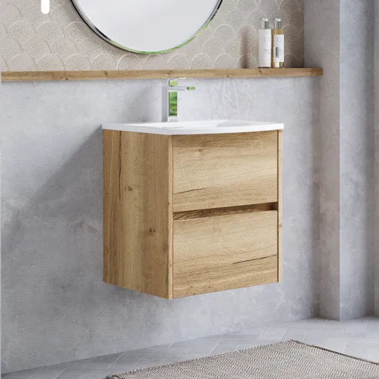 nuie Havana 500mm Autumn Oak 2 Drawer Wall Hung Vanity Unit With U-Shaped Curved Basin