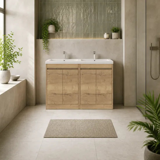 nuie Havana 1200mm Autumn Oak 4 Door Floor Standing Vanity Unit With Polymarble Basin