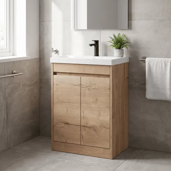 nuie Havana Autumn Oak 2 Door Floor Standing Vanity Unit With Thin-Edge Basin