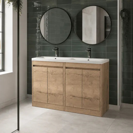 nuie Havana 1200mm Autumn Oak 4 Door Floor Standing Vanity Unit With Ceramic Basin