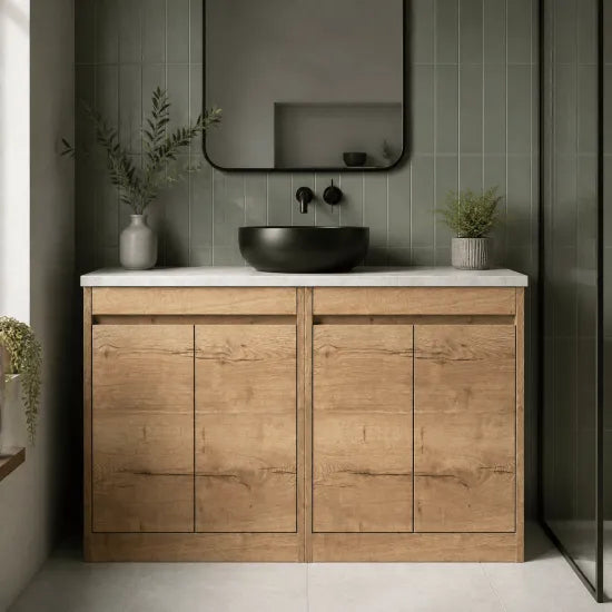 nuie Havana 1200mm Autumn Oak 4 Door Floor Standing Vanity Unit With Bellato Grey Worktop