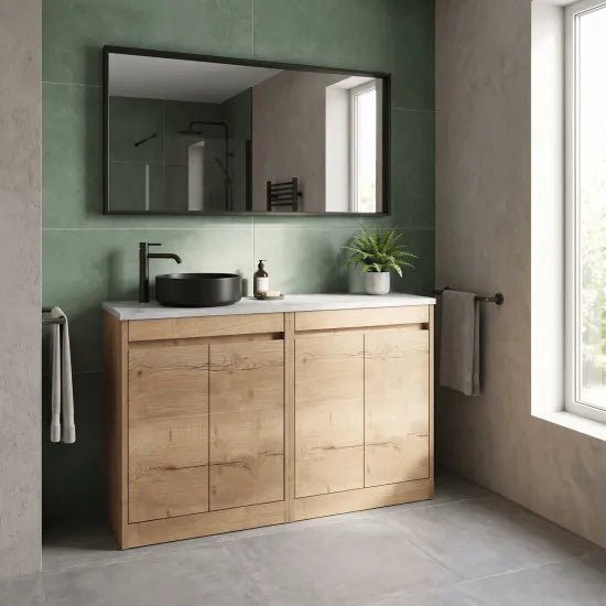 nuie Havana 1200mm Autumn Oak 4 Door Floor Standing Vanity Unit With Bellato Grey Worktop