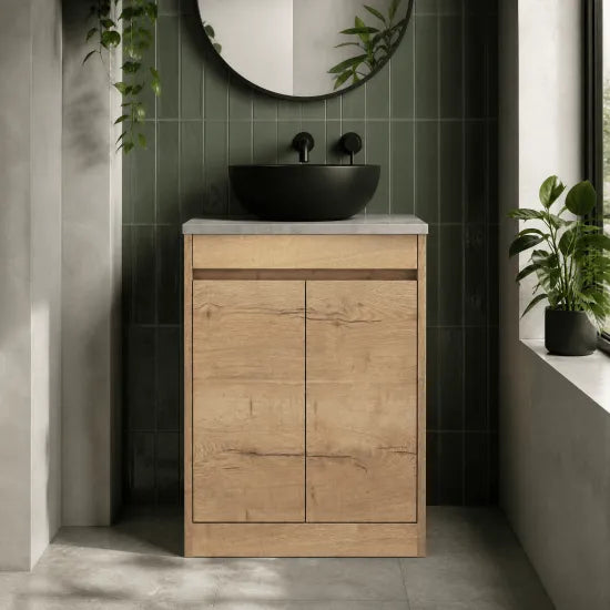 nuie Havana 600mm Autumn Oak 2 Door Floor Standing Vanity Unit With Bellato Grey Worktop