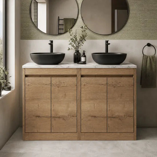 nuie Havana 1200mm Autumn Oak 4 Door Floor Standing Vanity Unit With Carrera Marble Worktop