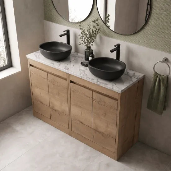 nuie Havana 1200mm Autumn Oak 4 Door Floor Standing Vanity Unit With Carrera Marble Worktop