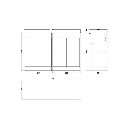 nuie Havana 1200mm Autumn Oak 4 Door Floor Standing Vanity Unit With Co-ordinating Worktop