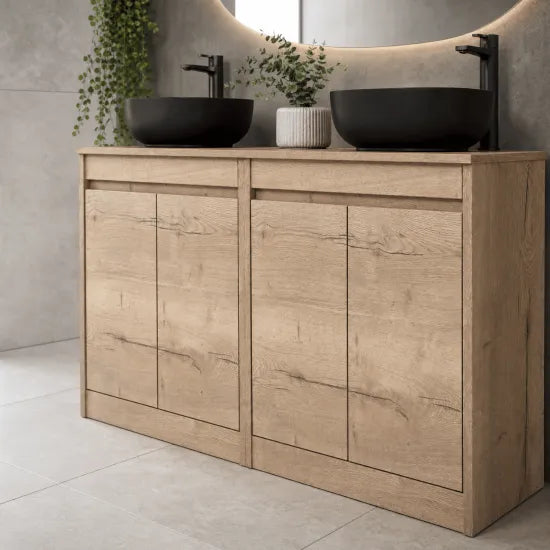 nuie Havana 1200mm Autumn Oak 4 Door Floor Standing Vanity Unit With Co-ordinating Worktop
