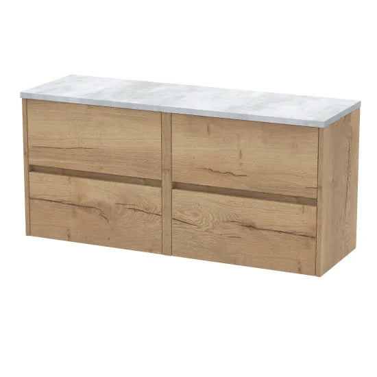 nuie Havana 1200mm Autumn Oak 4 Drawer Wall Hung Vanity Unit With Bellato Grey Worktop