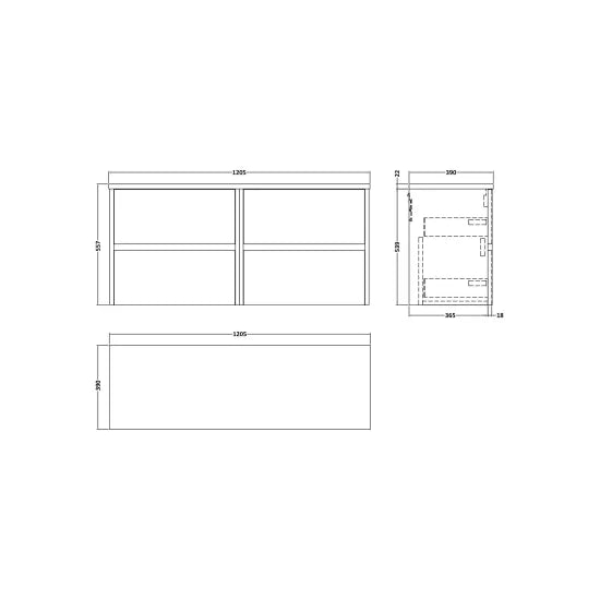 nuie Havana 1200mm Autumn Oak 4 Drawer Wall Hung Vanity Unit With Bellato Grey Worktop