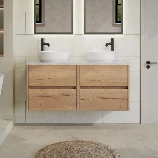 nuie Havana 1200mm Autumn Oak 4 Drawer Wall Hung Vanity Unit With Bellato Grey Worktop