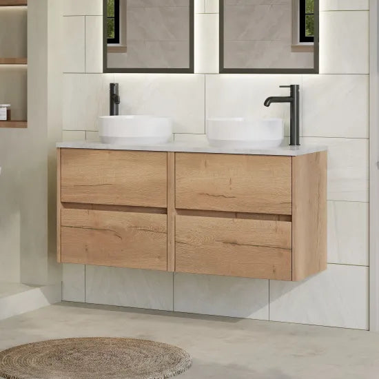 nuie Havana 1200mm Autumn Oak 4 Drawer Wall Hung Vanity Unit With Bellato Grey Worktop