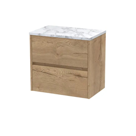 nuie Havana 600mm Autumn Oak 2 Drawer Wall Hung Vanity Unit With Carrara Laminate Worktop