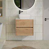 nuie Havana 600mm Autumn Oak 2 Drawer Wall Hung Vanity Unit With Carrara Laminate Worktop
