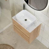 nuie Havana 600mm Autumn Oak 2 Drawer Wall Hung Vanity Unit With Carrara Laminate Worktop