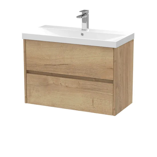 nuie Havana Autumn Oak 2 Drawer Wall Hung Vanity Unit With Thin Edge Basin