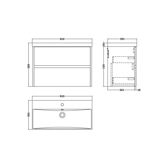 nuie Havana Autumn Oak 2 Drawer Wall Hung Vanity Unit With Thin Edge Basin