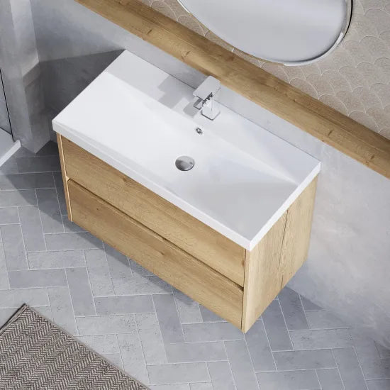 nuie Havana Autumn Oak 2 Drawer Wall Hung Vanity Unit With Thin Edge Basin