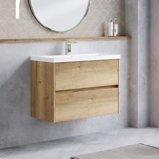 nuie Havana Autumn Oak 2 Drawer Wall Hung Vanity Unit With Thin Edge Basin