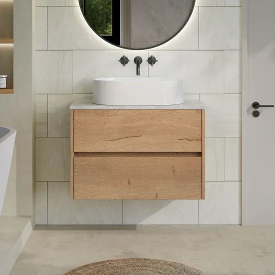 nuie Havana 800mm Autumn Oak 2 Drawer Wall Hung Vanity Unit With Bellato Grey Worktop