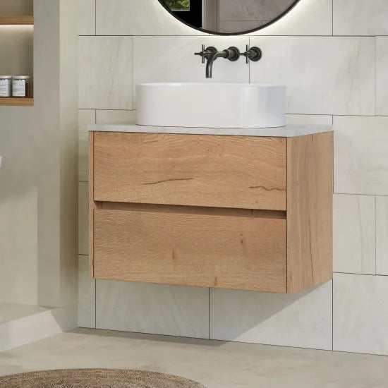 nuie Havana 800mm Autumn Oak 2 Drawer Wall Hung Vanity Unit With Bellato Grey Worktop