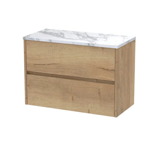 nuie Havana Autumn Oak 2 Drawer Wall Hung Vanity Unit With Carrara Laminate Worktop