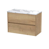 nuie Havana Autumn Oak 2 Drawer Wall Hung Vanity Unit With Carrara Laminate Worktop