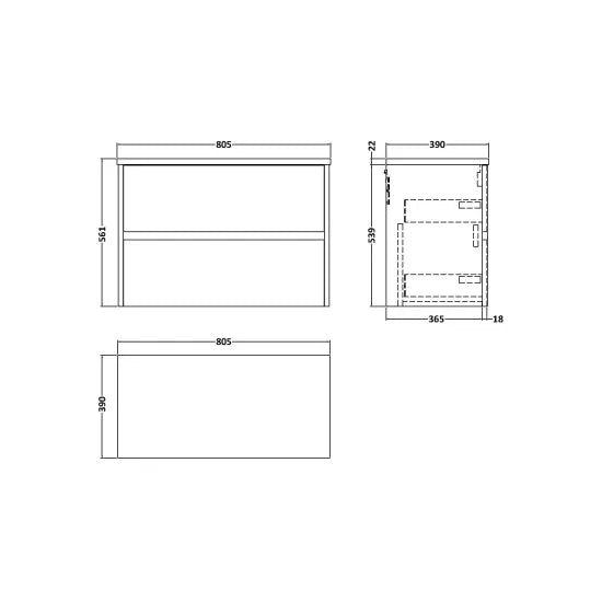 nuie Havana Autumn Oak 2 Drawer Wall Hung Vanity Unit With Carrara Laminate Worktop
