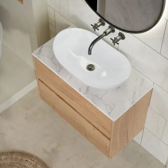 nuie Havana Autumn Oak 2 Drawer Wall Hung Vanity Unit With Carrara Laminate Worktop