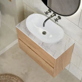nuie Havana Autumn Oak 2 Drawer Wall Hung Vanity Unit With Carrara Laminate Worktop