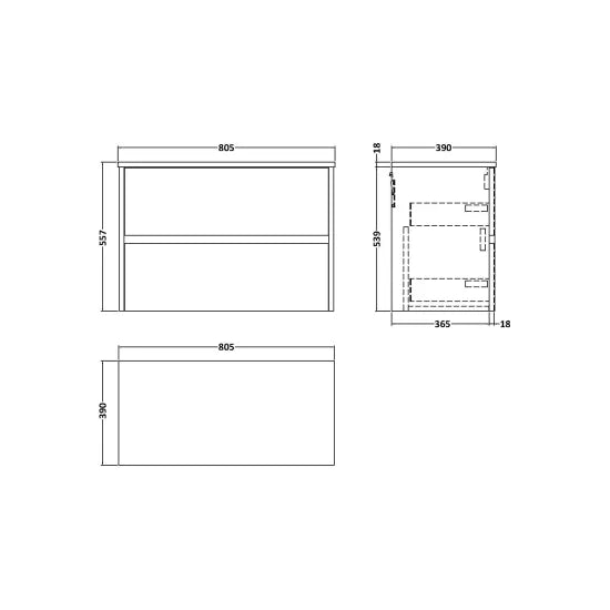 nuie Havana 800mm Autumn Oak 2 Drawer Wall Hung Vanity Unit With Co-ordinating Worktop