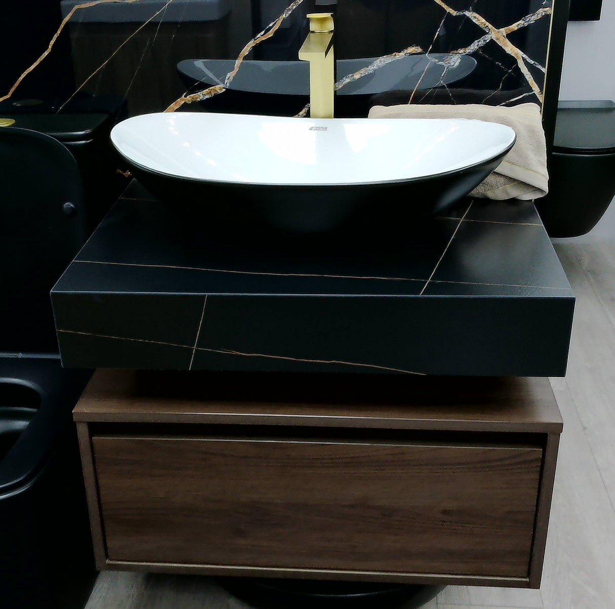 Serano black walnut floating vanity unit set inc bowl 700mm
