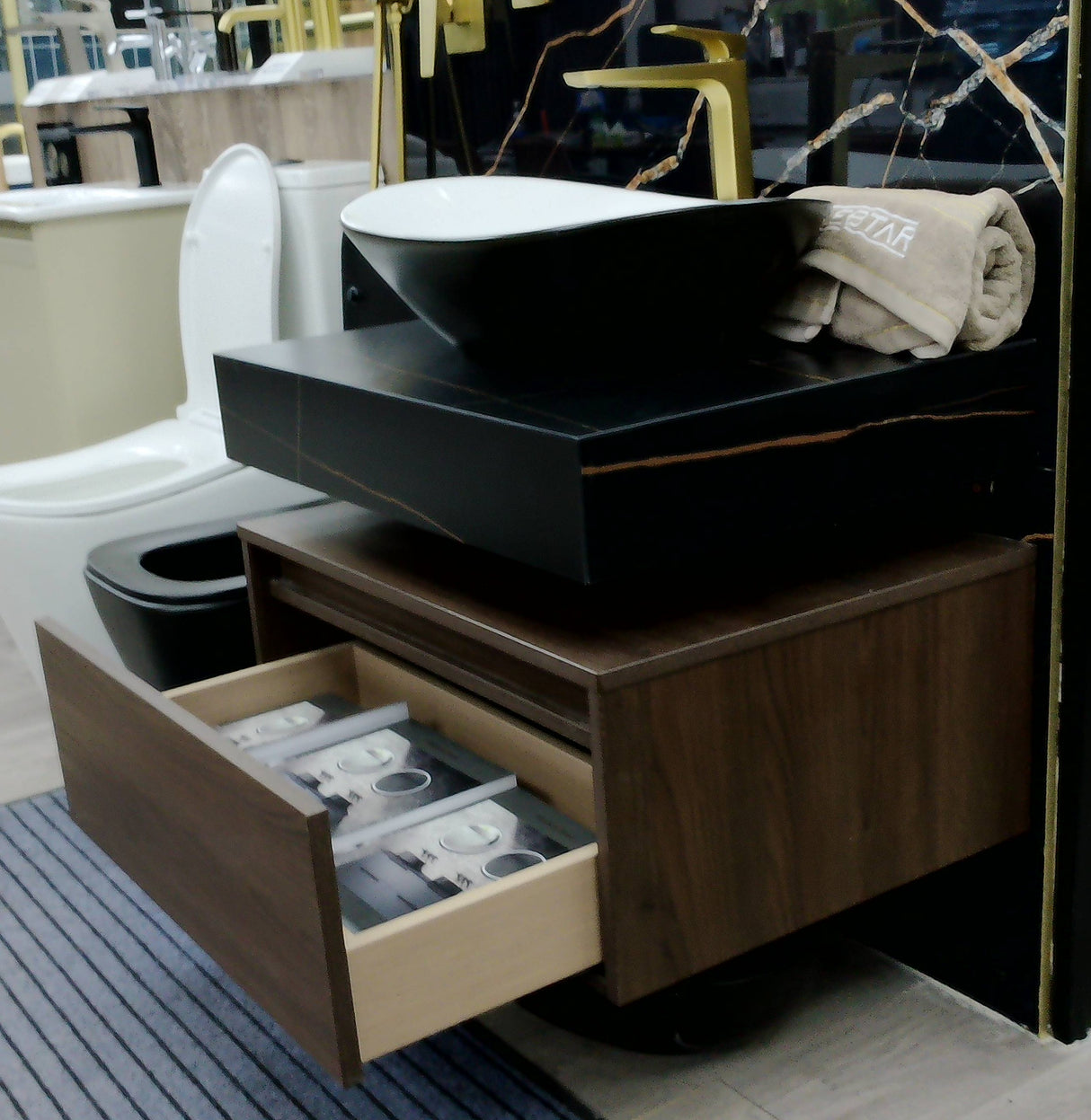 Serano black walnut floating vanity unit set inc bowl 700mm