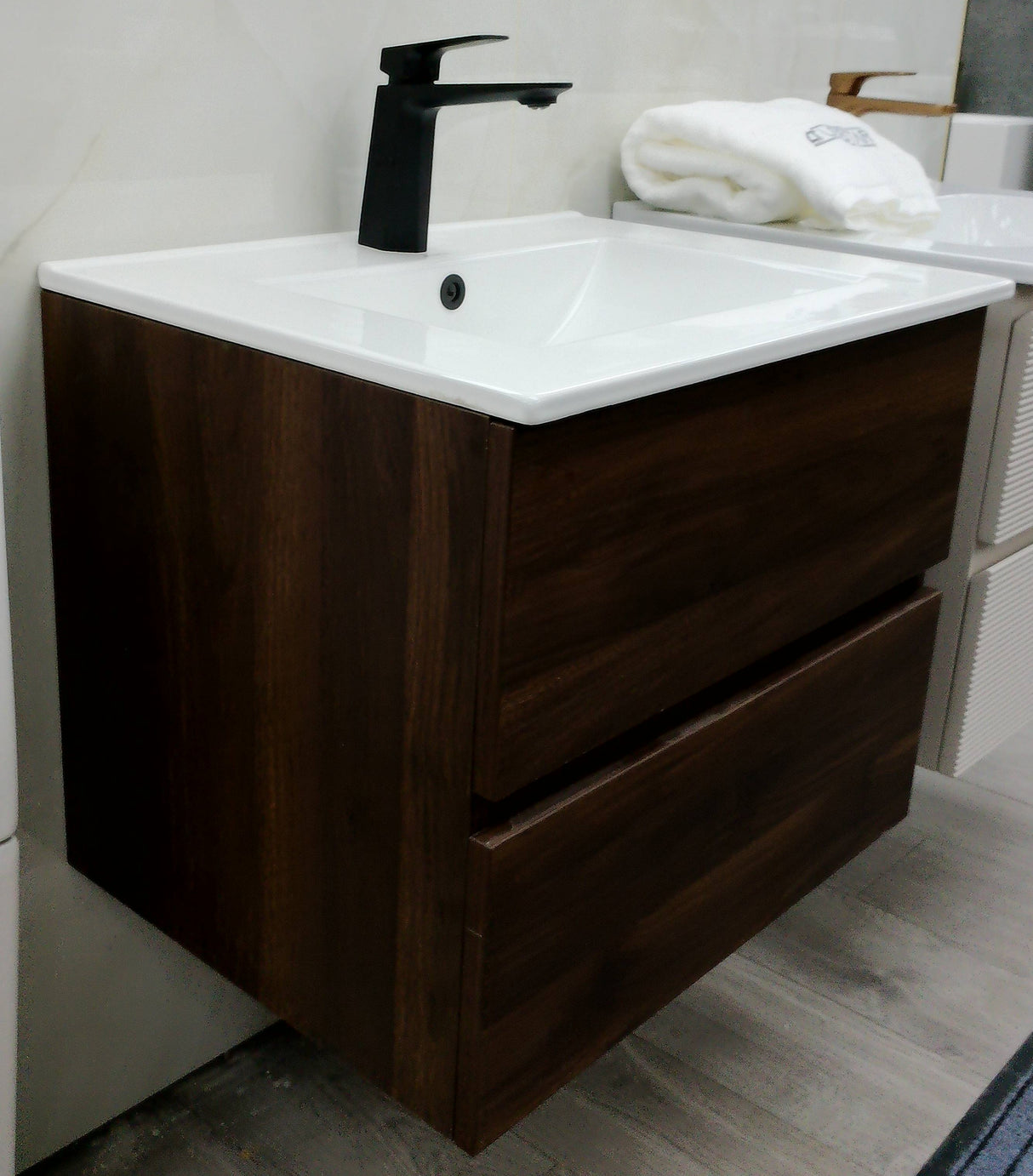 Silka walnut brown wall hung vanity unit inc basin 600mm