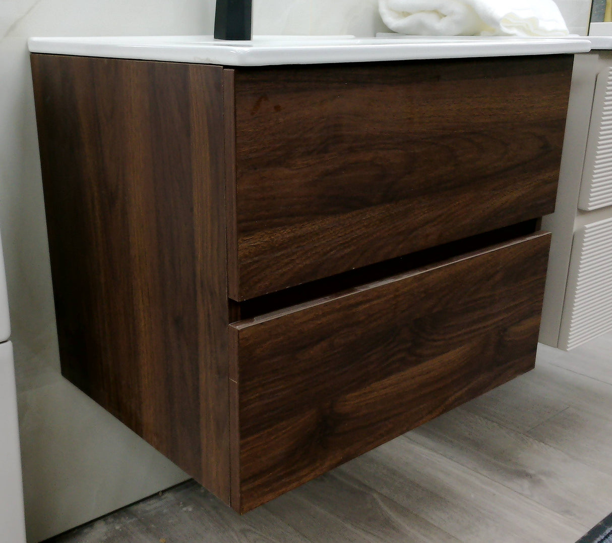 Silka walnut brown wall hung vanity unit inc basin 600mm