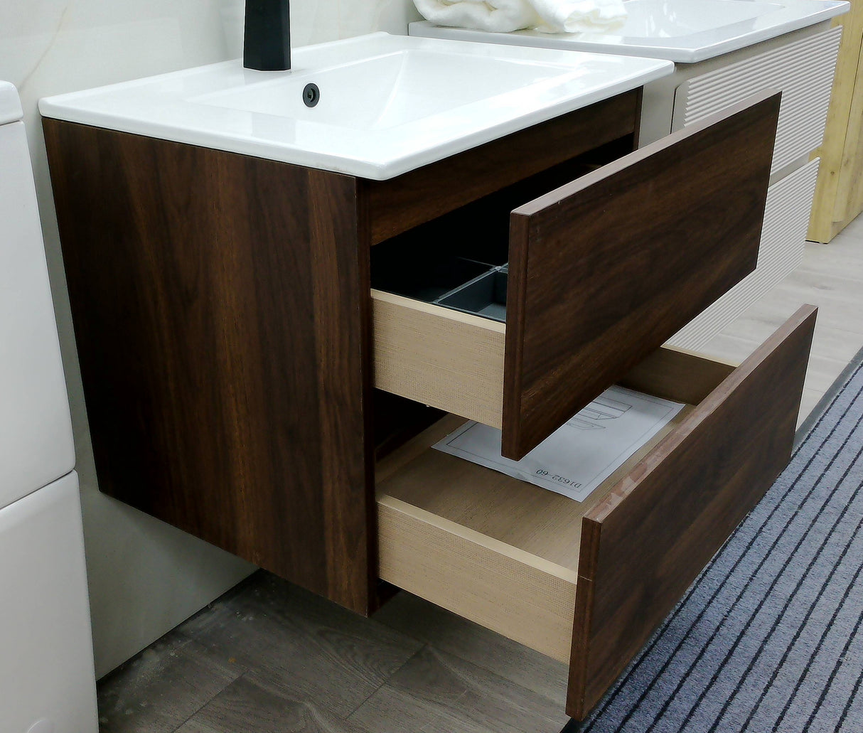 Silka walnut brown wall hung vanity unit inc basin 600mm