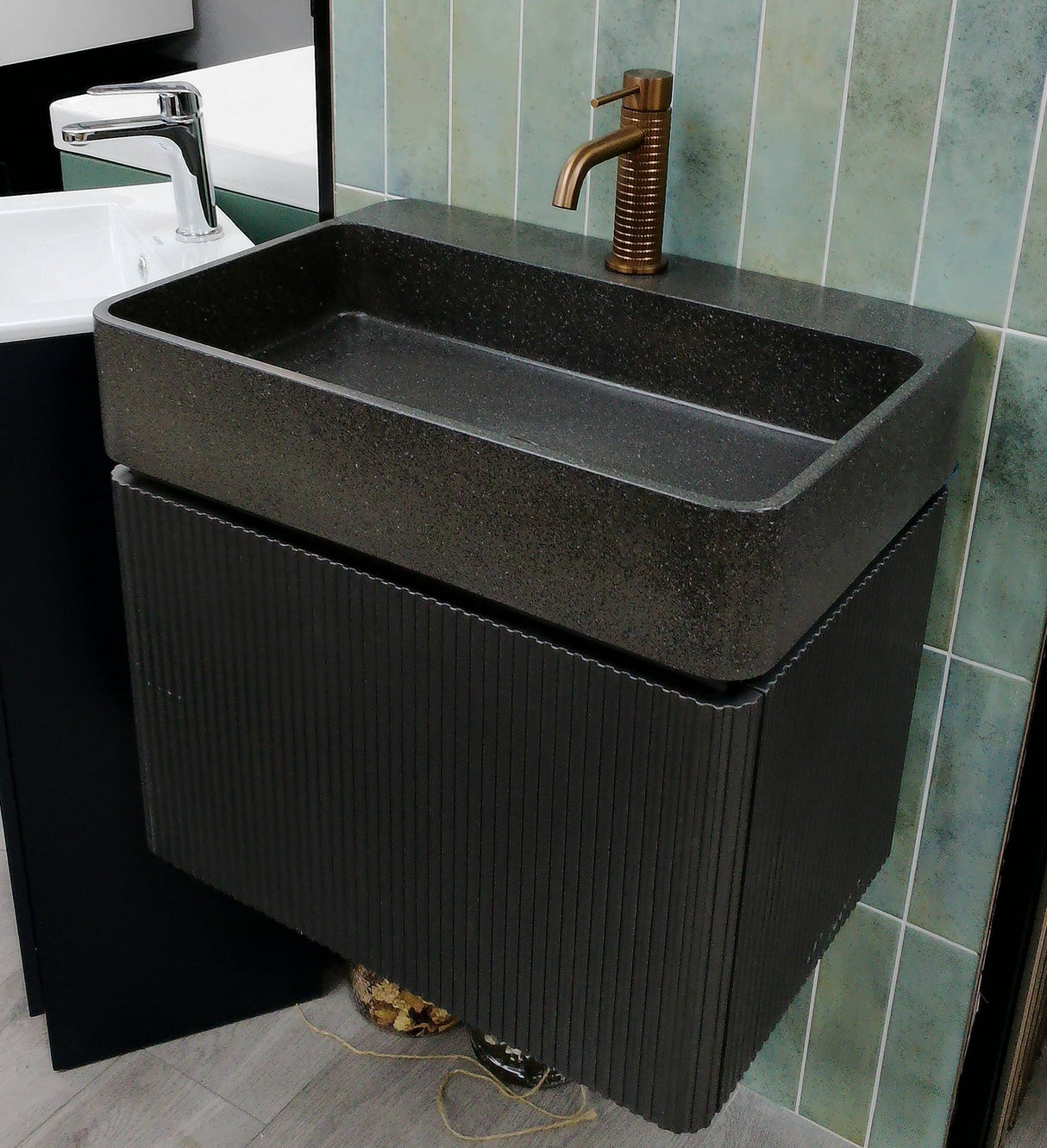 Milano metallic grey wall hung fluted vanity unit inc basin 600mm