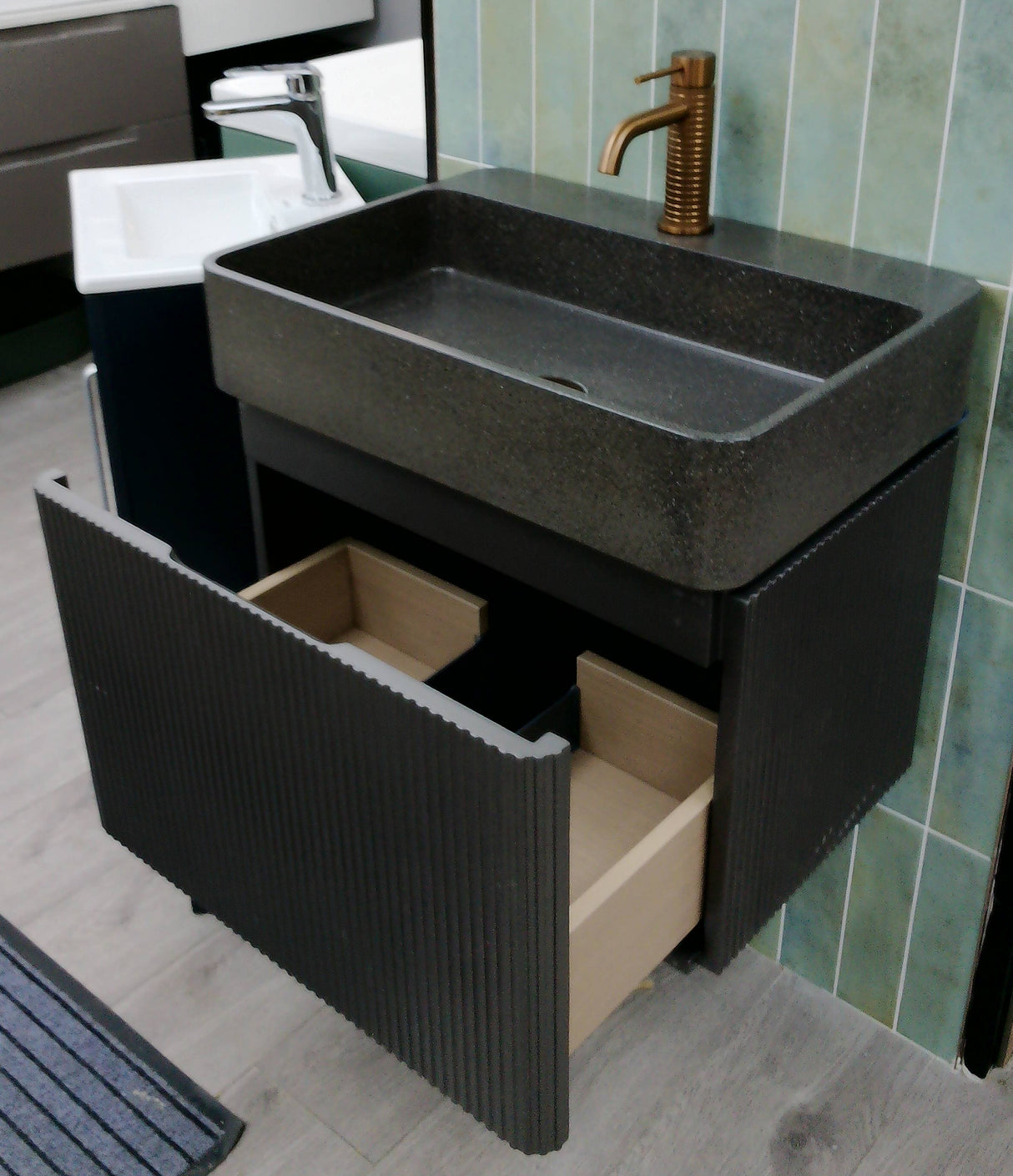 Milano metallic grey wall hung fluted vanity unit inc basin 600mm