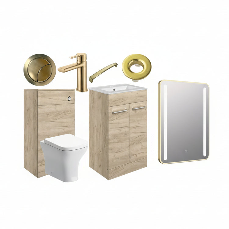 Volta Oak Bathroom Furniture Suite with Brushed Brass – FREE LED Mirror Included
