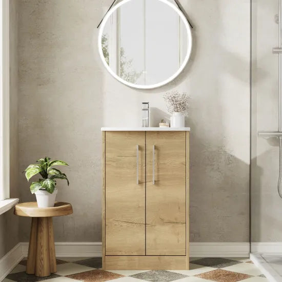 Hudson Reed Juno Autumn Oak 2 Door Floor Standing Vanity Unit With U-Shaped Curved Basin