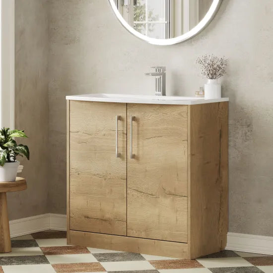 Hudson Reed Juno Autumn Oak 2 Door Floor Standing Vanity Unit With U-Shaped Curved Basin