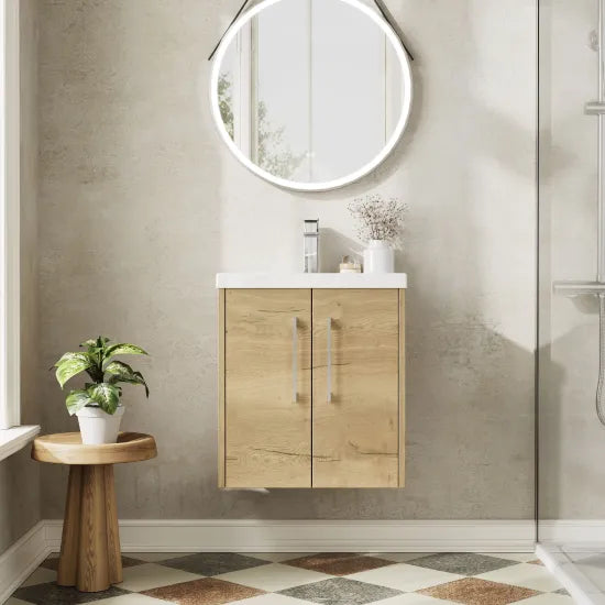 Hudson Reed Juno Autumn Oak 2 Door Wall Hung Vanity Unit With Mid-Edge Basin