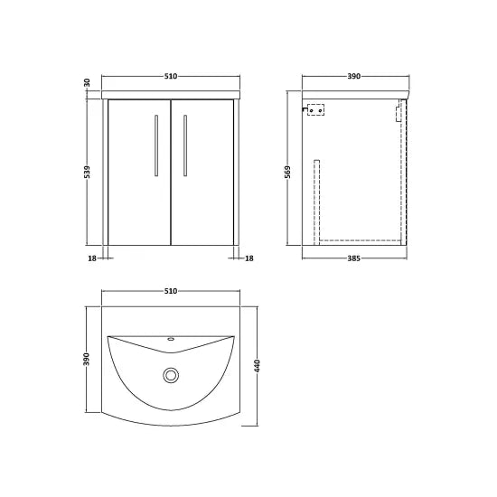 Hudson Reed Juno 500mm Autumn Oak 2 Door Wall Hung Vanity Unit With U-Shaped Curved Basin