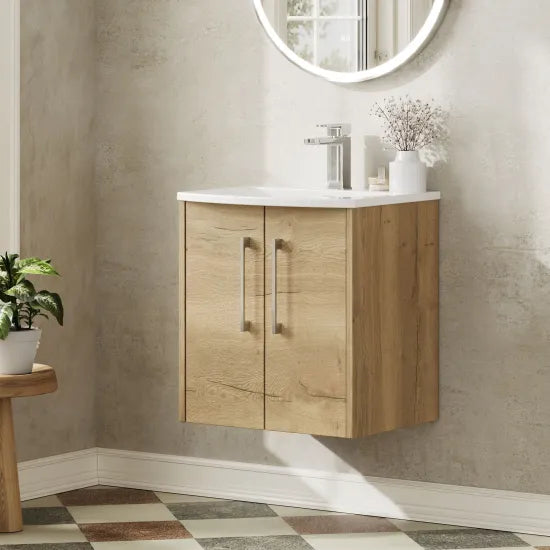 Hudson Reed Juno 500mm Autumn Oak 2 Door Wall Hung Vanity Unit With U-Shaped Curved Basin