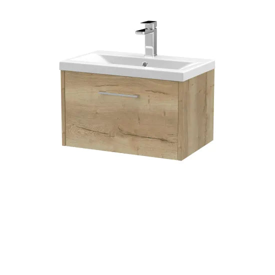 Hudson Reed Juno 600mm Autumn Oak 1 Drawer Wall Hung Vanity Unit With Mid-Edge Basin