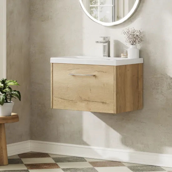 Hudson Reed Juno 600mm Autumn Oak 1 Drawer Wall Hung Vanity Unit With Mid-Edge Basin